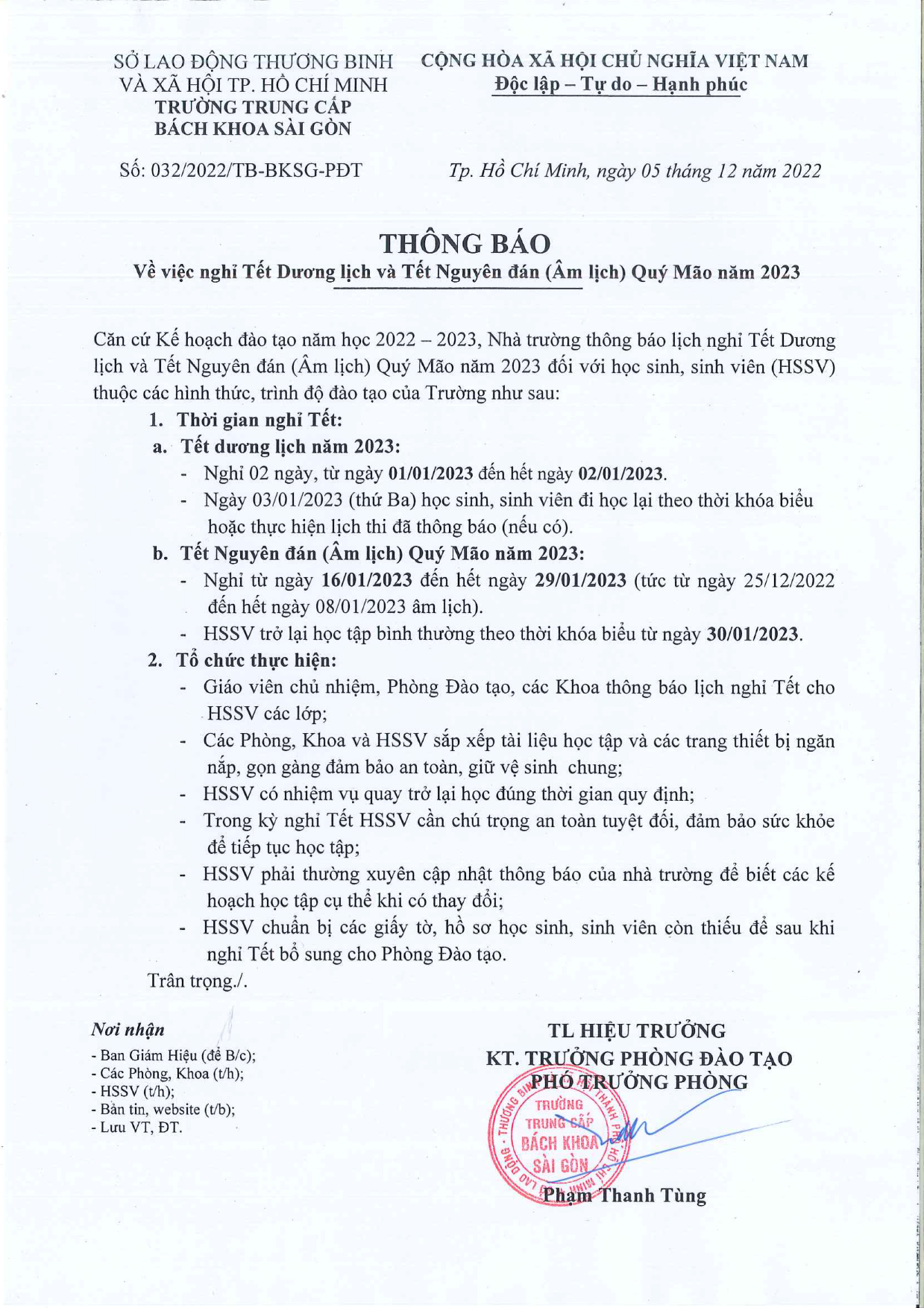 thông báo nghỉ tết 2023
